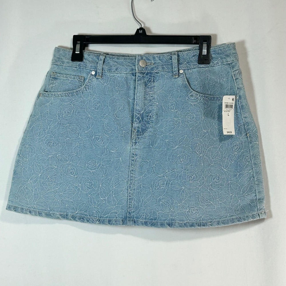 AND NOW THIS Women's Light Wash Denim A Line Mini Skirt Rose Embroidery Size L